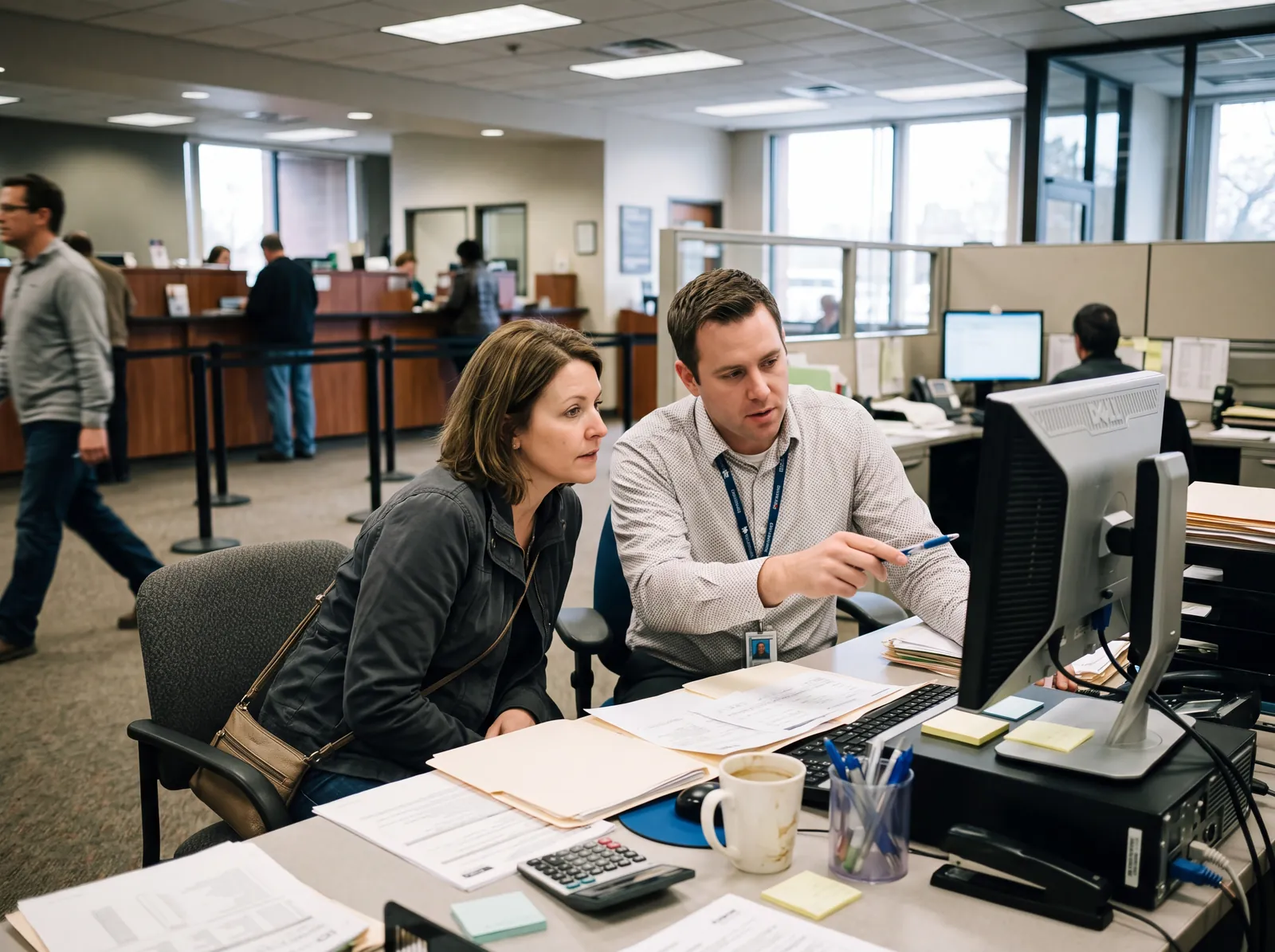 A business owner going over her accounts with an advisor at his desk